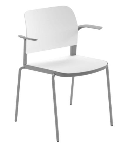 Silla blanca con marco gris y reposabrazos sobre fondo blanco